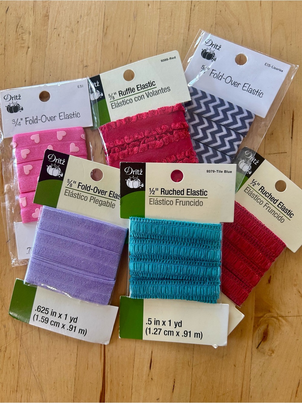 Dritz Decorative Elastic Bundle (6 Packs) Fold-Over, Ruched & Ruffle Trim 1 Yard
